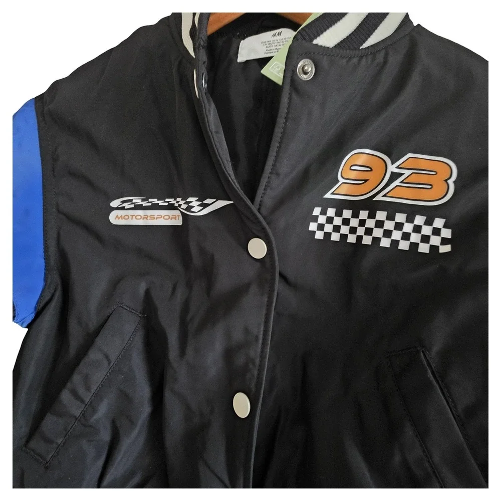 HM Kids Black Blue Racing Motorsport Varsity Bomber Jacket‎ Size 12 US Years